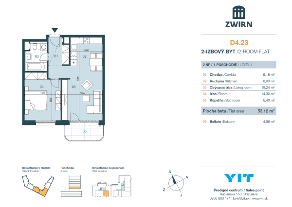 ZWIRN Slnečný 2-izbový byt s balkónom a parkovaním v prestížnej novostavbe, 60,34 m2, Bratislava Nivy