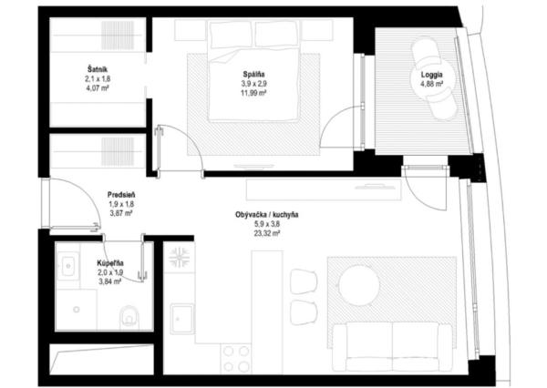 Na PREDAJ unikátny dizajnový 2 izbový byt s loggiou a garážovým státím na 10. posch. v ikonickom SKY PARKu (veža 4)