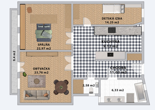 REZERVOVANÉ! Na PREDAJ: 3 izbový dizajnový byt (104 m2) s dušou v Starom Meste – Heydukova, Bratislava